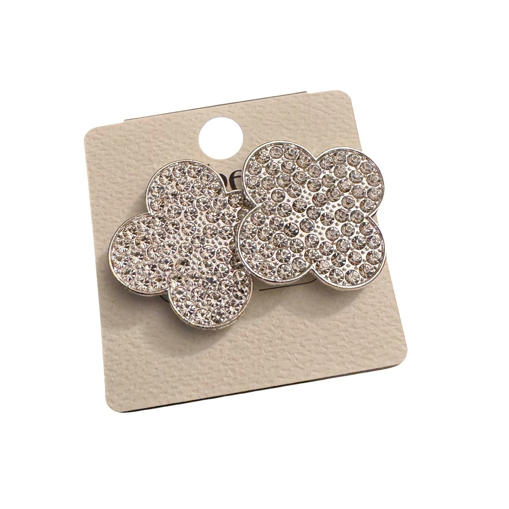 NWOT Silver Tone Rhinestone Pave Clover Stud Earrings Sparkling Lucky Flower